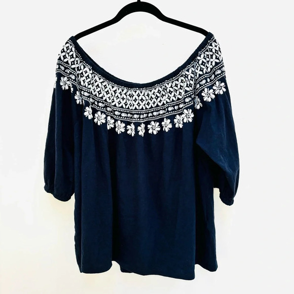 Tommy Hilfiger Floral Embroidered Off The Shoulder Top Peasant Boho Navy 1X NWT - Picture 5 of 14